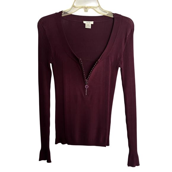 Cache Purple Rhinestone Zipper Rib Knit Long Sleeve Top Stretch S Cotton Spandex - Picture 4 of 7